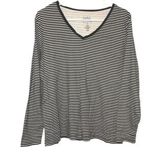 Croft & Barrow Black White Striped V Neck Top Long Sleeve Womens XXL